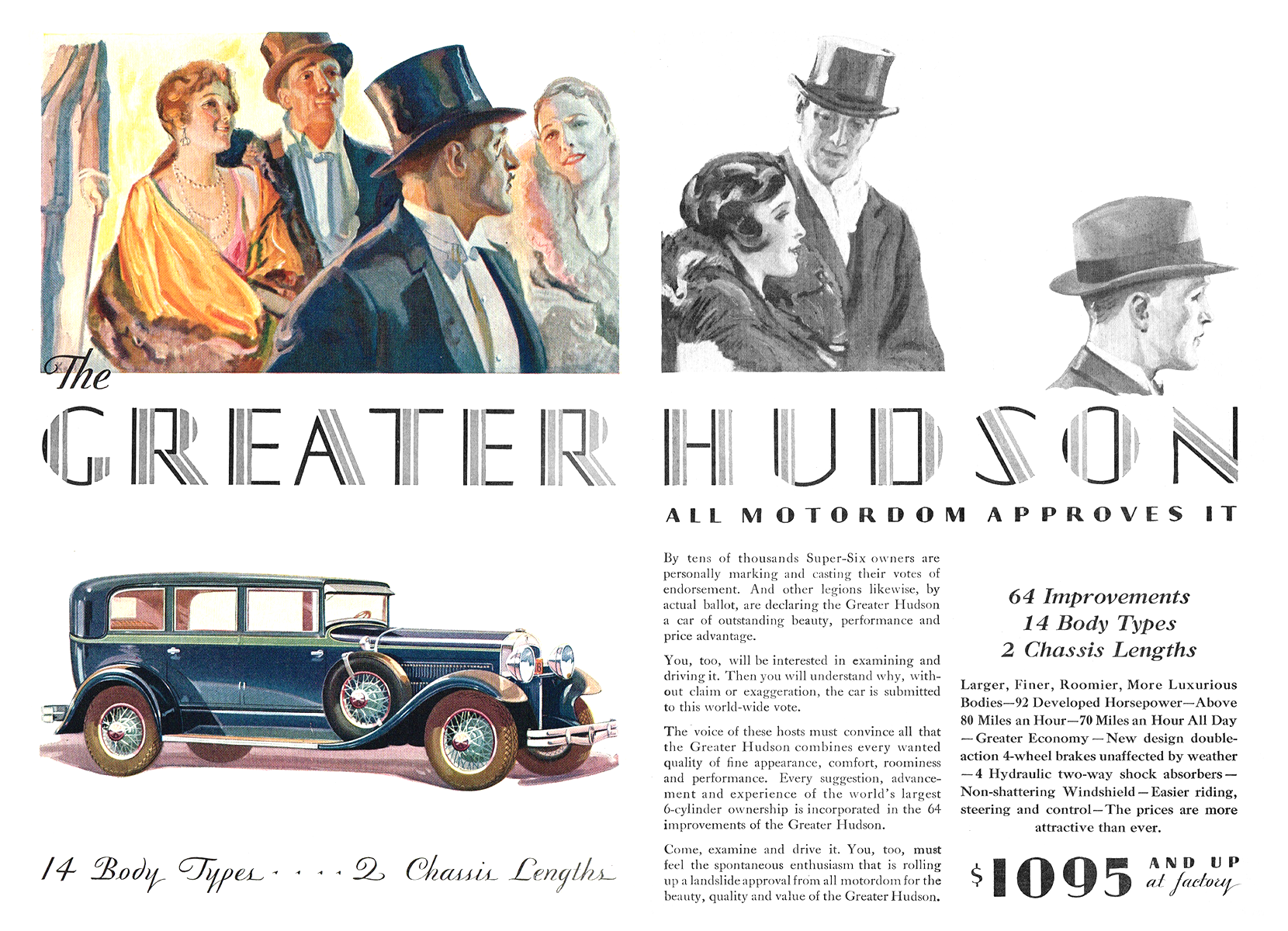 The Greater Hudson Seven-Passenger Sedan Ad (January, 1929): Illustrated by Karl Godwin