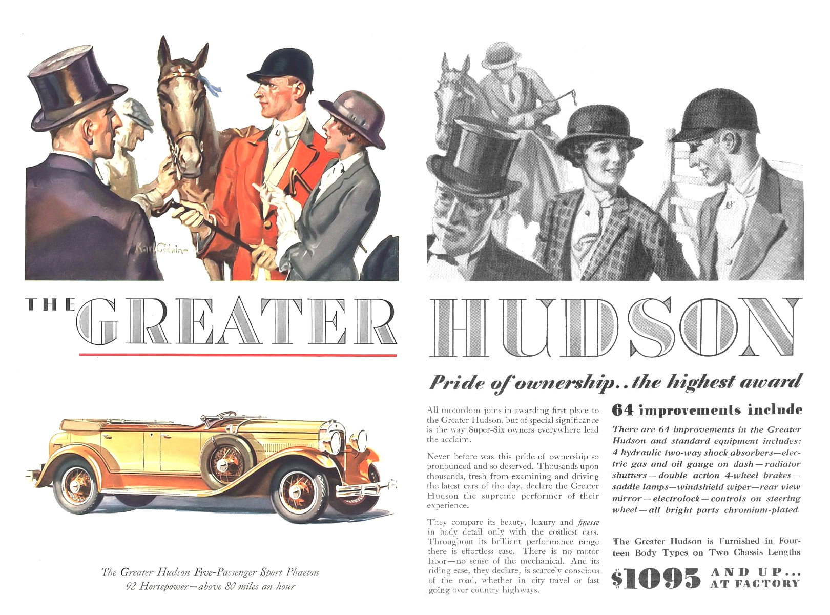 The Greater Hudson Five-Passenger Sport Phaeton Ad (March, 1929): Illustrated by Karl Godwin