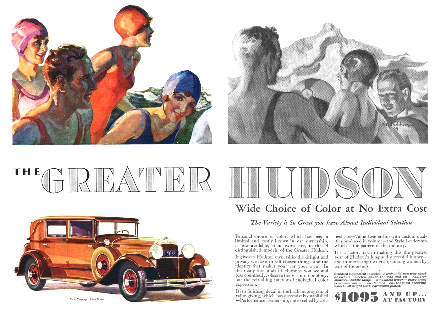 The Greater Hudson Five-Passenger Club Sedan Ad (June, 1929): Illustrated by Karl Godwin