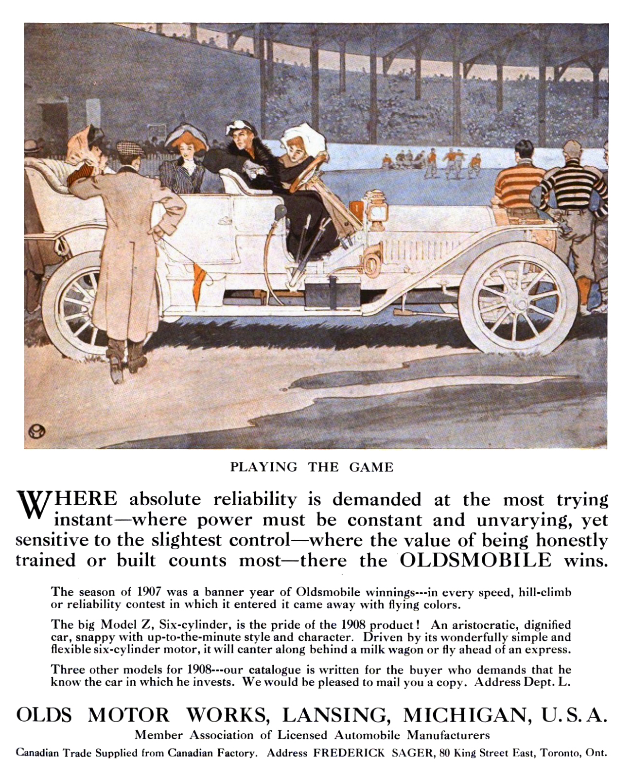 Oldsmobile Model Z Ad (December, 1907): Playing the Game - Illustrated by Edward Penfield