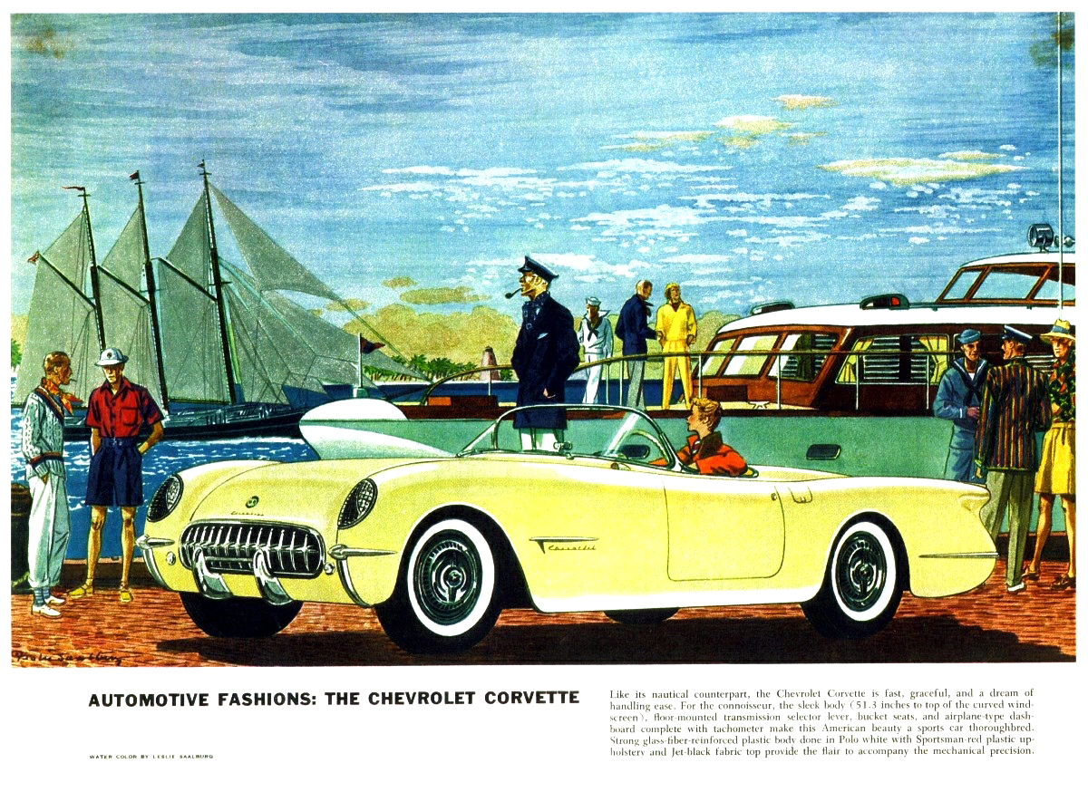 Automotive Fashions (February, 1954): The Chevrolet Corvette - Illustrated By Leslie Saalburg