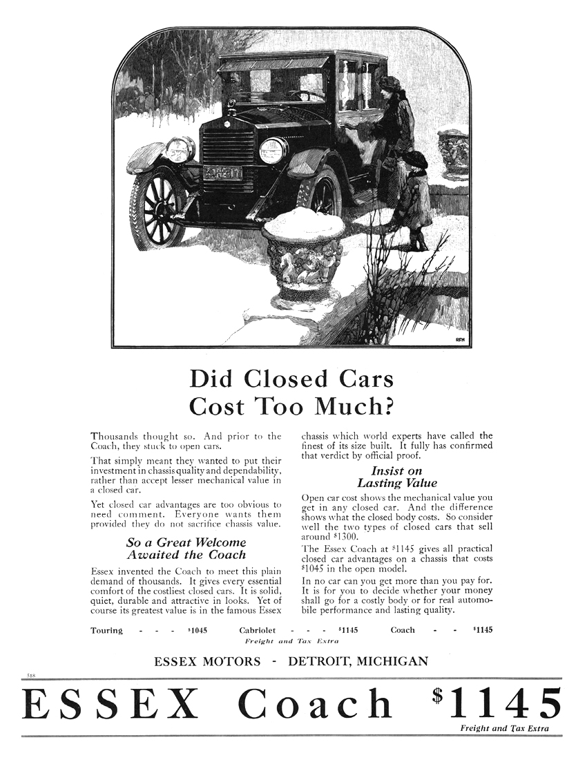 Essex Coach Ad (December, 1922) – Illustrated by Roy Frederic Heinrich – Did Closed Cars Cost Too Much?