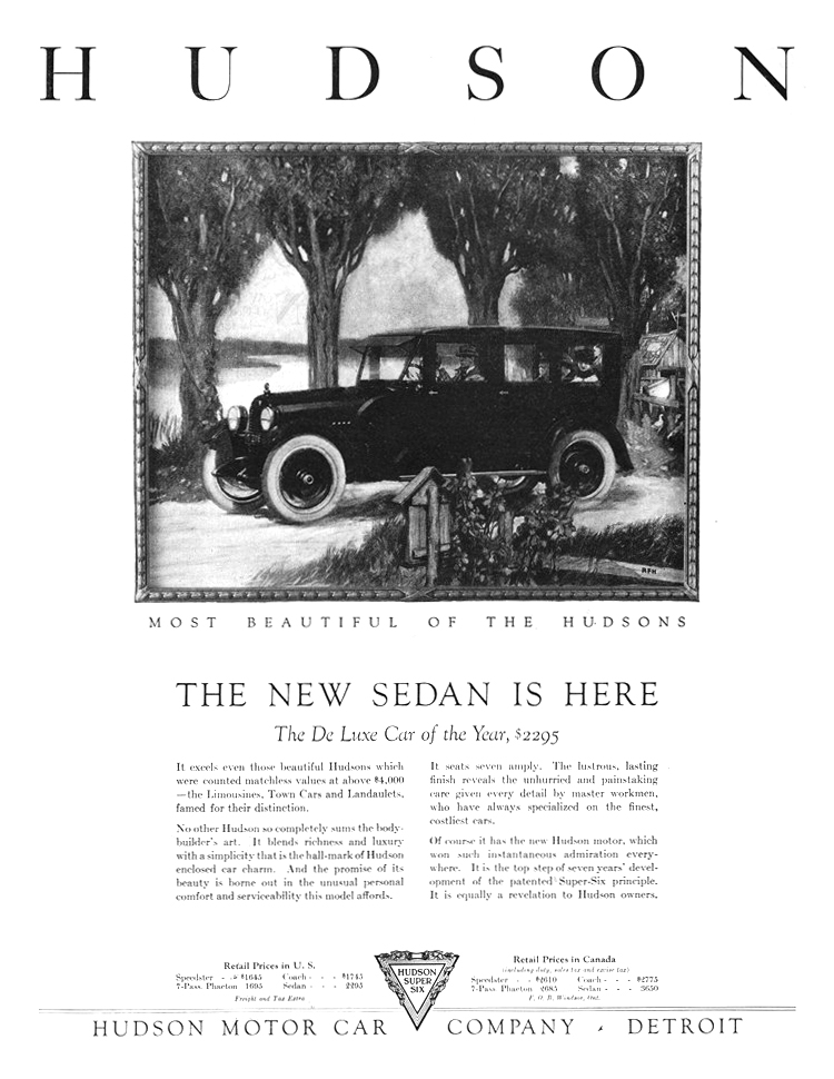 Hudson Super-Six Sedan Ad (August–October, 1922) – The New Sedan Is Here – Illustrated by Roy Frederic Heinrich