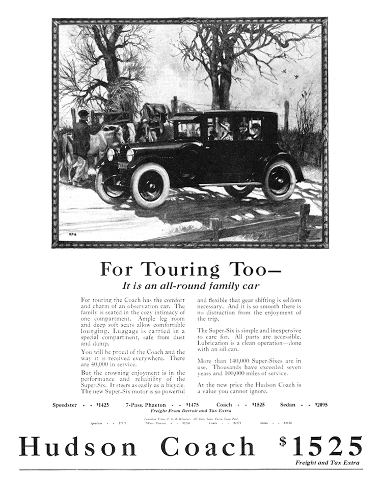 Hudson Super-Six Coach Ad (April, 1923) – For Touring Too–It is an all-round family car – Illustrated by Roy Frederic Heinrich