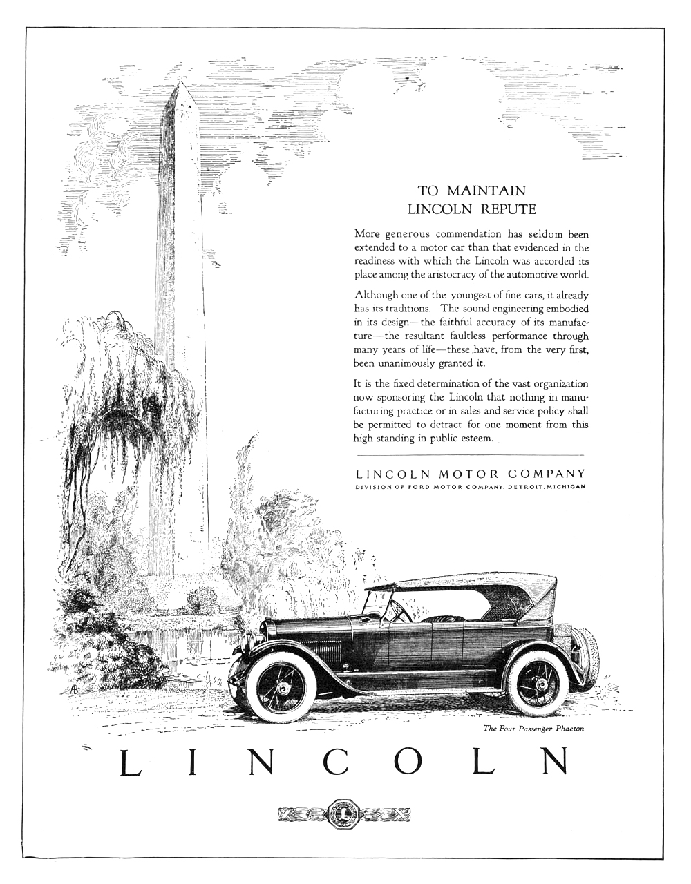 Lincoln Four Passenger Phaeton Ad (July, 1923) - To Maintain Lincoln Repute
