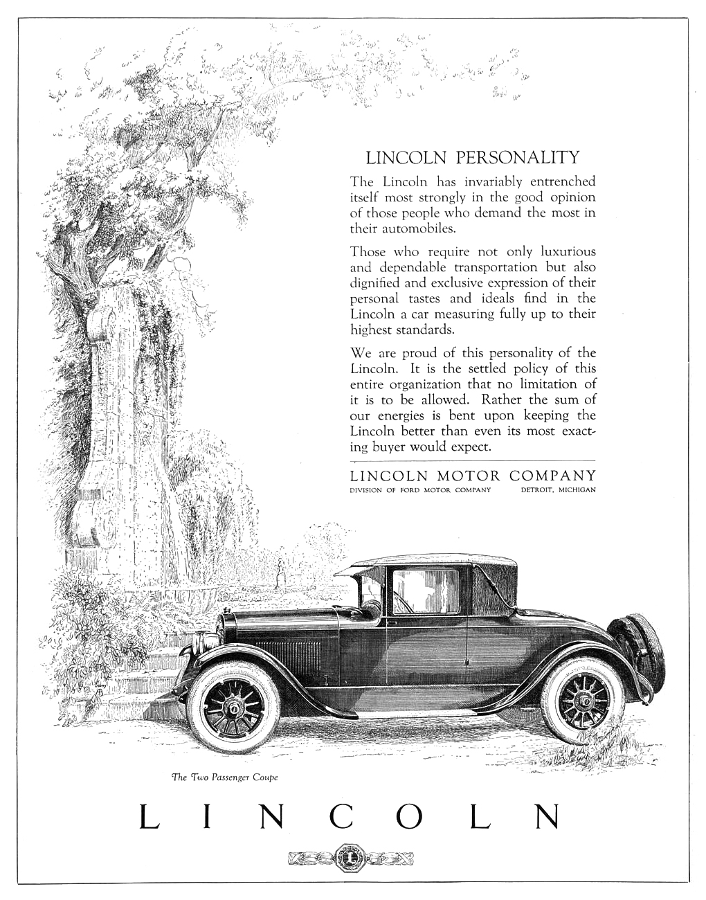 Lincoln Two Passenger Coupe Ad (September, 1923) - Lincoln Personality