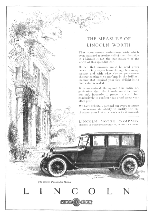 Lincoln Seven Passenger Sedan Ad (October, 1923) - The Measure of Lincoln Worth
