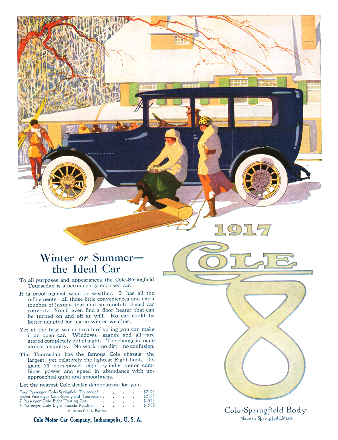 1917 Cole-Springfield Eight Seven-Passenger Toursedan Ad (November, 1916) - Winter or Summer — the Ideal Car