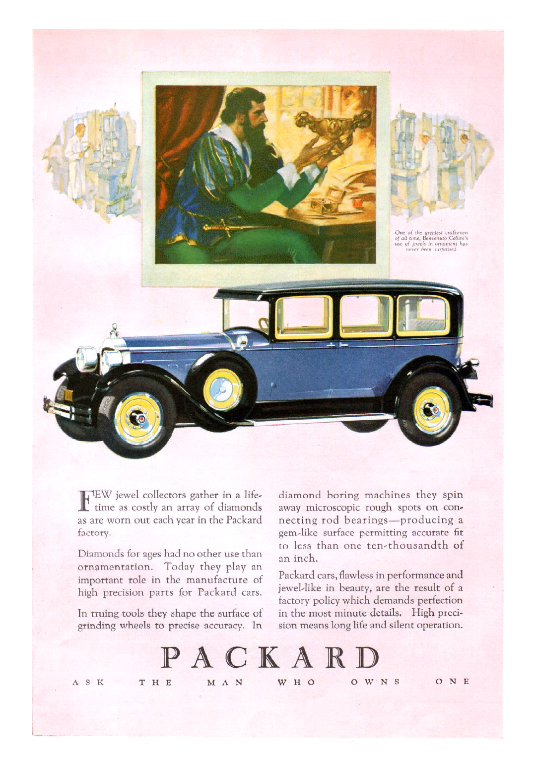 Packard Ad (November, 1928) - One of the greatest crafstmen of all time, Benvenuto Cellini's use of jewels in ornament has never been surpassed