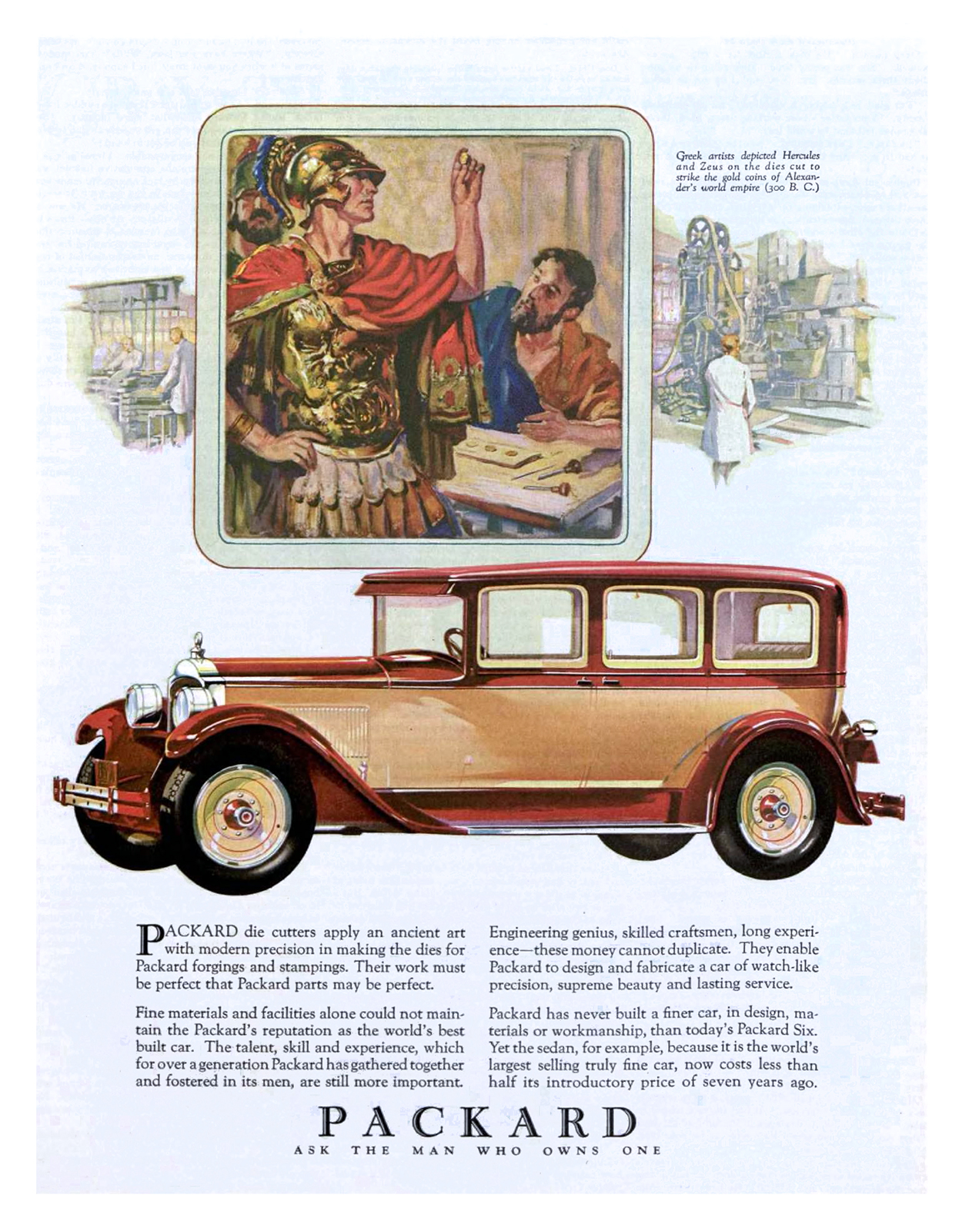 Packard Ad (February, 1928) – Greek artists depicted Hercules and Zeus on the dies cut to strike the gold coins of Alexander's world empire (300 B.C.)