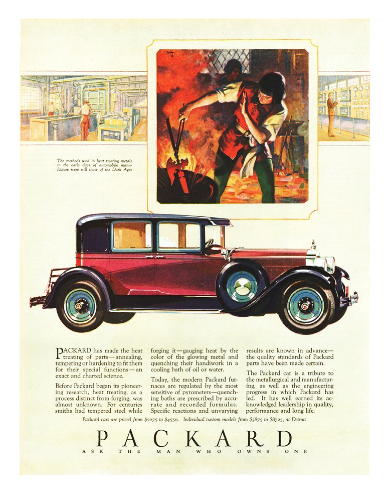 Packard Ad (May, 1928) – The methods used in heat treating metals in the early days of automobile manufacture were still those of the Dark Ages