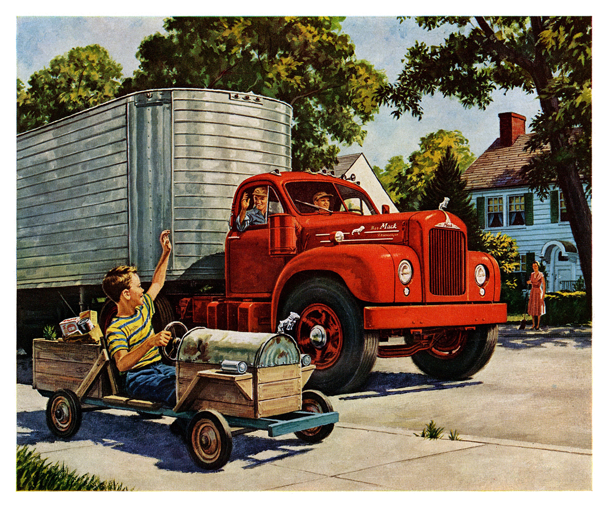 Mack Trucks Ad (October, 1955): It Takes More Than A Bulldog To Make A Mack - Illustrated by Woodi Ishmael