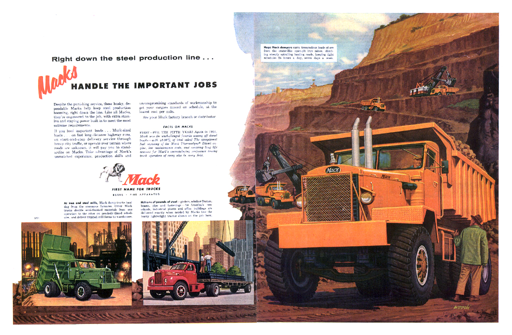 Mack Trucks Ad (June, 1956): Mack Handle the Important Jobs - Illustrated by Woodi Ishmael