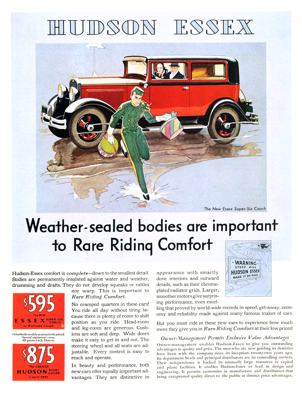Essex Super-Six Coach Ad (April, 1931) - Weather-sealed bodies are important to Rare Riding Comfort