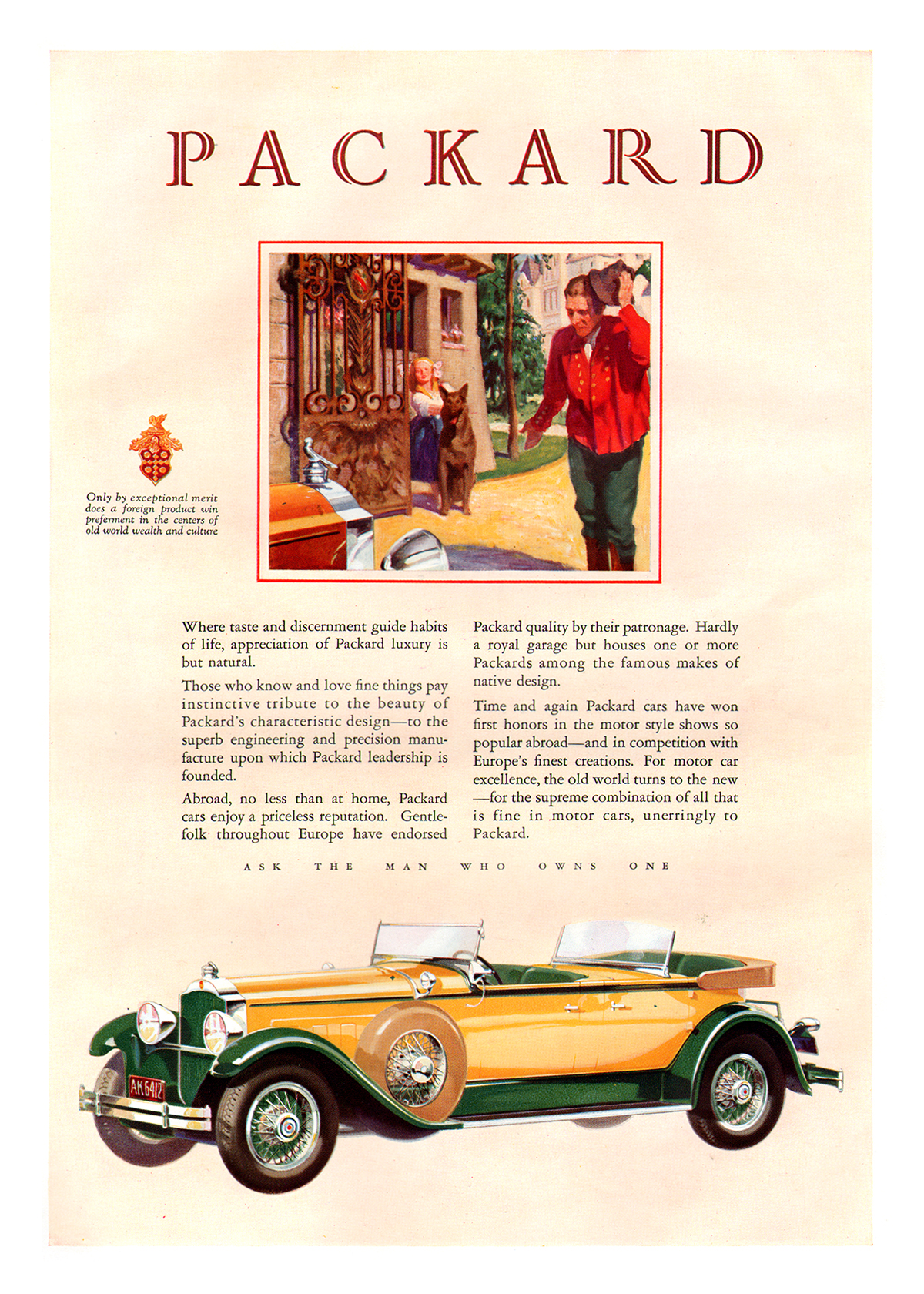 Packard Eight Dual Cowl Phaeton Ad (June–July, 1929) - Only by exceptional merit does a foreign product win preferment in the centers of old world wealth and culture