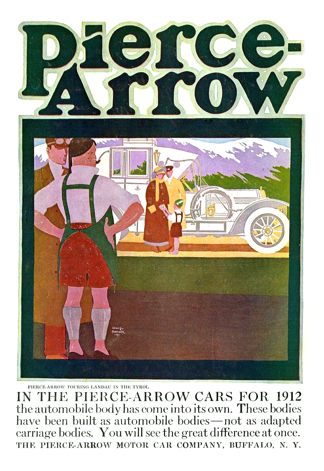 Pierce-Arrow Ad (July, 1911) – Pierce-Arrow Touring Landau in the Tyrol – Illustrated by Louis Fancher