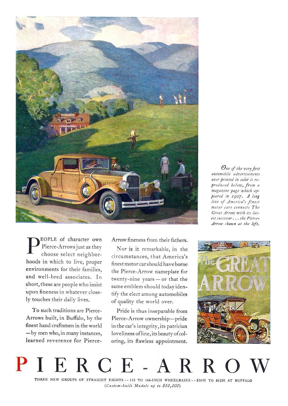 Pierce-Arrow Ad (June, 1930) - Illustrated by Cecil Chichester - One of the very first automobile advertisements ever printed in color is reproduced below, from a magazine page which appeared in 1907. A long line of America's finest motor car connects The Great Arrow with its latest successor... the Pierce-Arrow shown at the left.