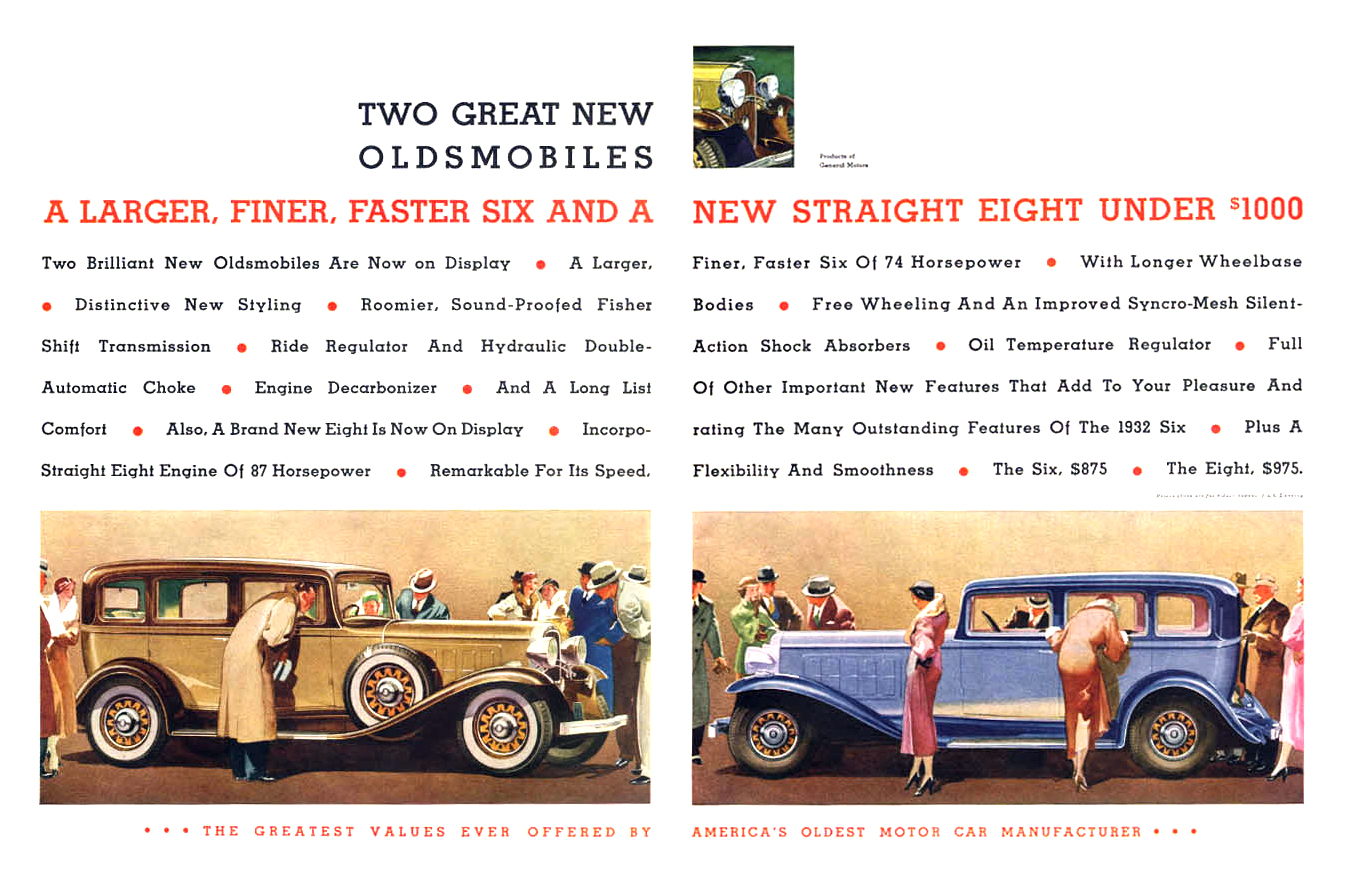Oldsmobile Ad (January, 1932): A Larger, Finer, Faster Six and a New Straight Eight Under $1000