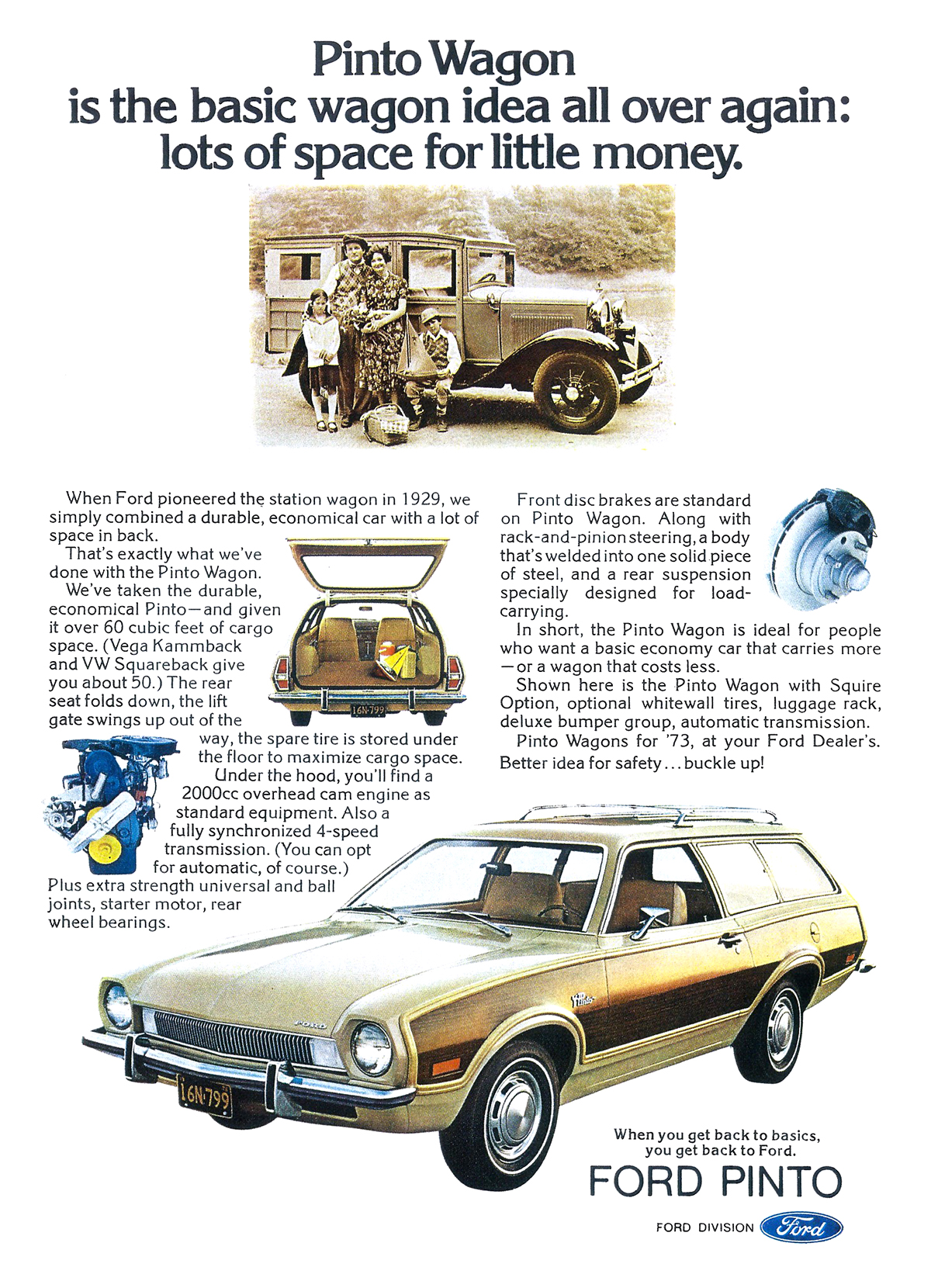 Ford Pinto Wagon with Squire Option Ad (1972) - Pinto Wagon is the basic wagon idea all over again: lots of space for little money.