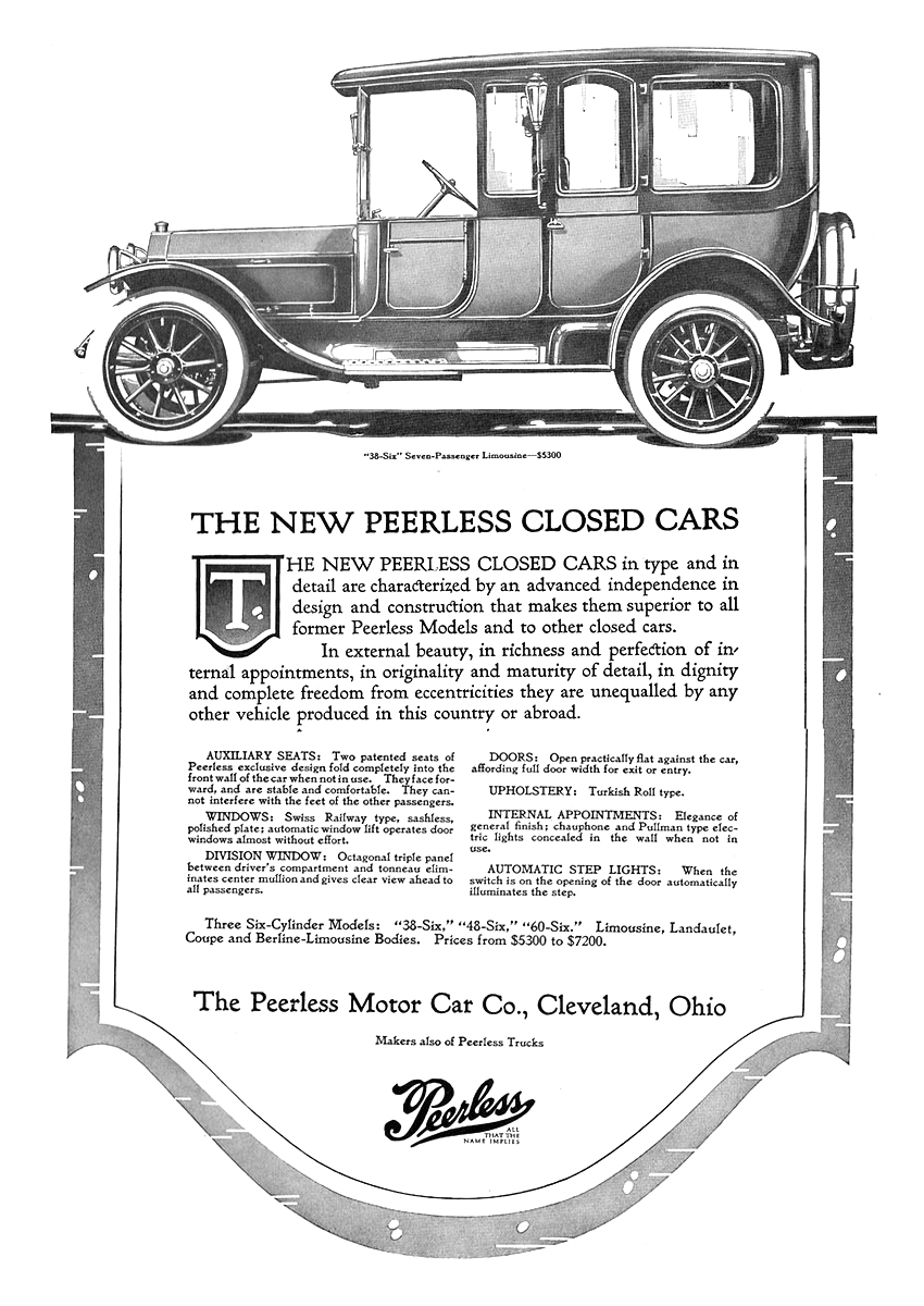 Peerless "38-Six" Seven Passenger Limousine Ad (September, 1913) - The New Peerless Closed Cars