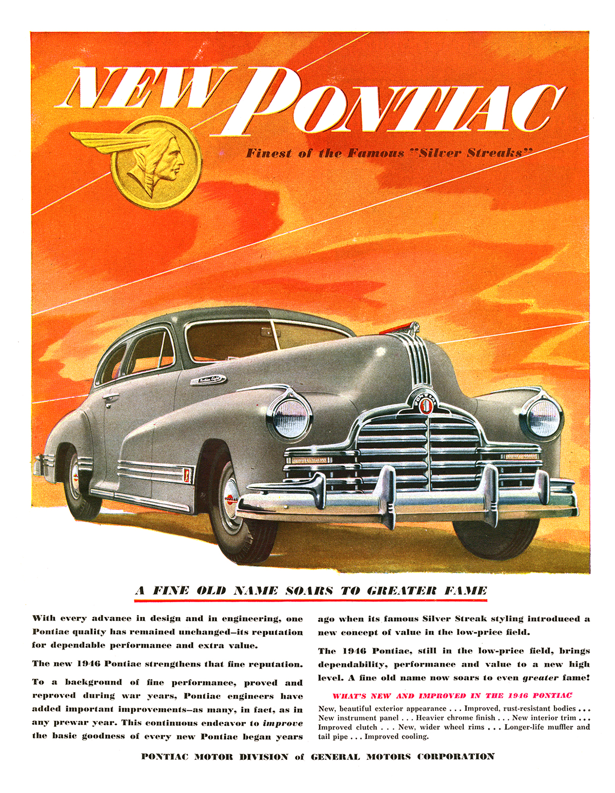 Pontiac Streamliner Sedan-Coupe Ad (June-July, 1946): A Fine Old Name Soars to Greater Fame