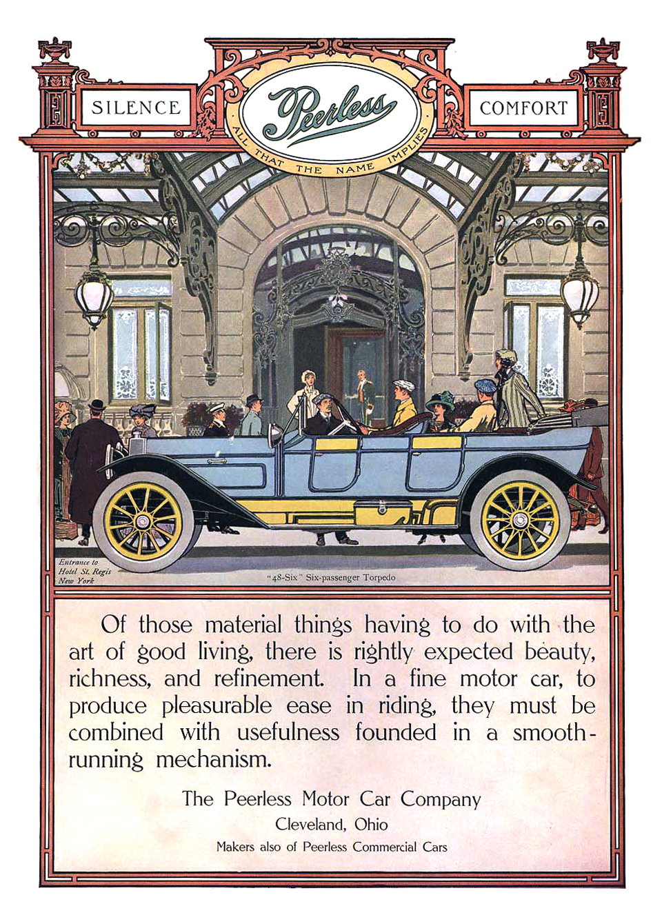 Peerless '48-Six' Six-passenger Torpedo Ad (January, 1912): Entrance to Hotel St. Regis, New York
