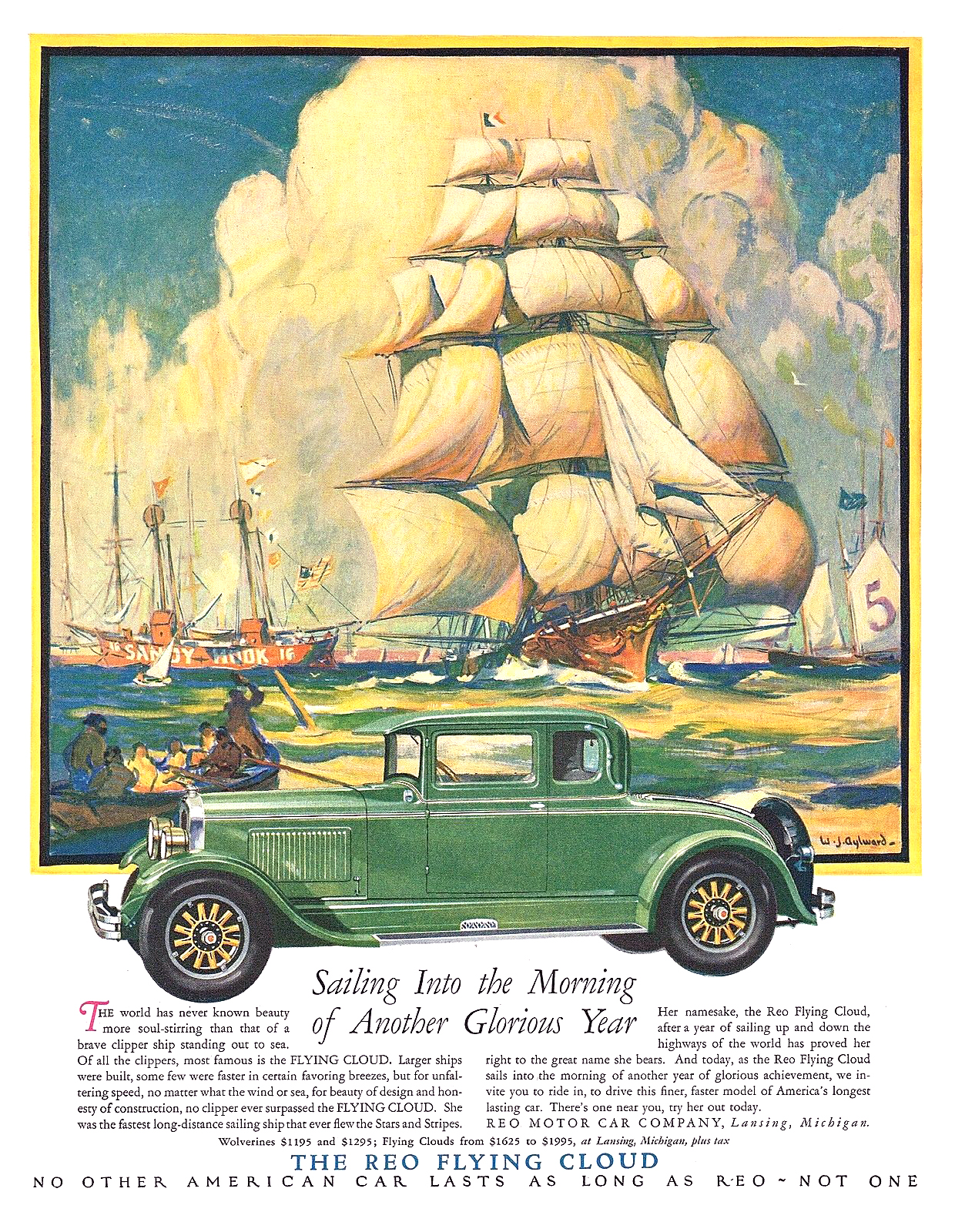 Reo Flying Cloud Ad (January, 1928): Sailing Into the Morning of Another Glorious Year - Illustrated by W. J. Aylward