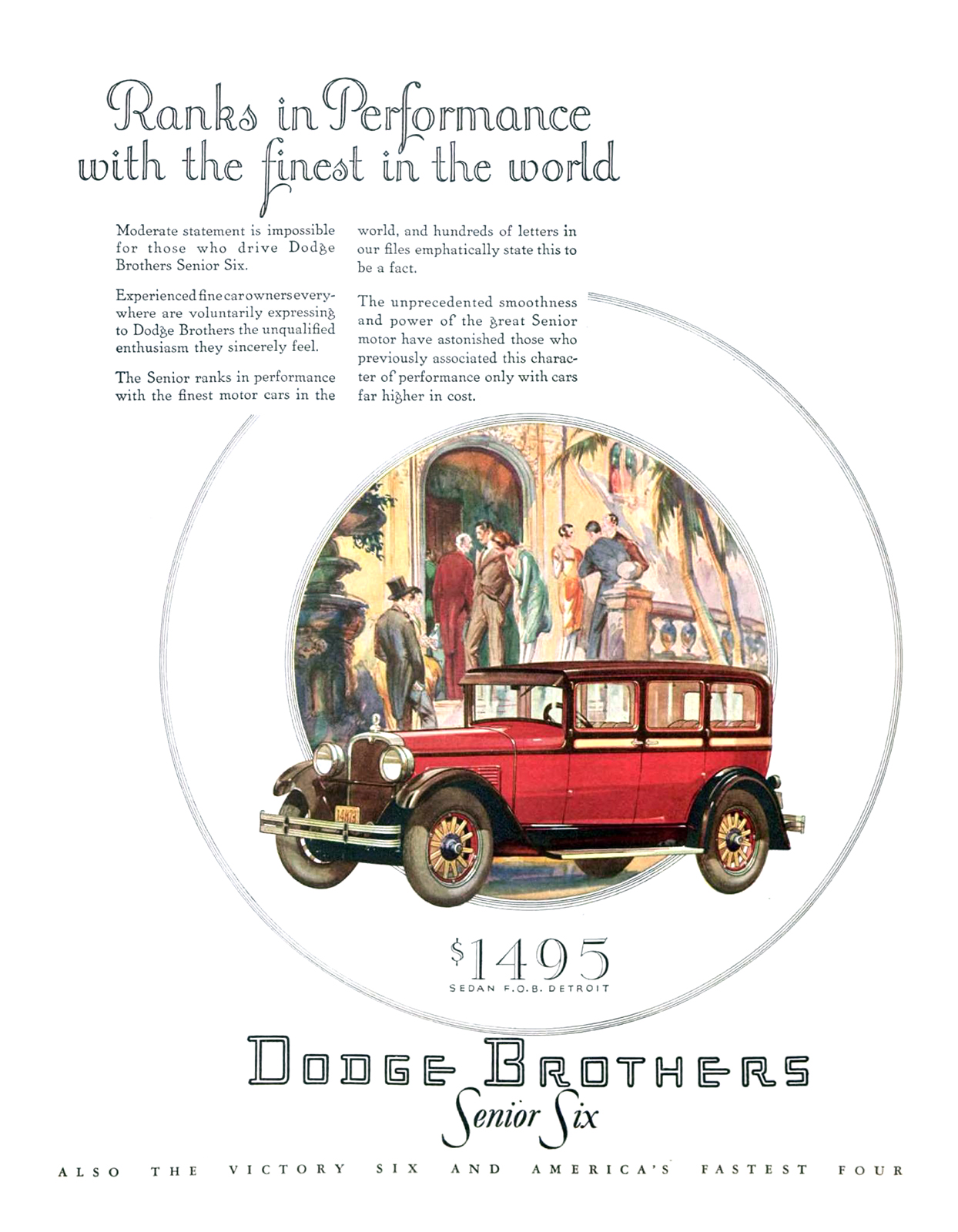 Dodge Brothers Senior Six Sedan Ad (February, 1928): Ranks in Performance with the finest in the world