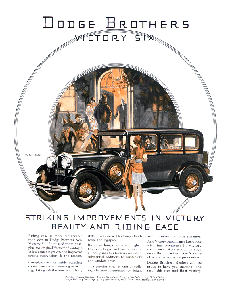 Dodge Brothers Victory Six Sport Sedan Ad (October, 1928): Striking Improvements in Victory Beauty and Riding Ease