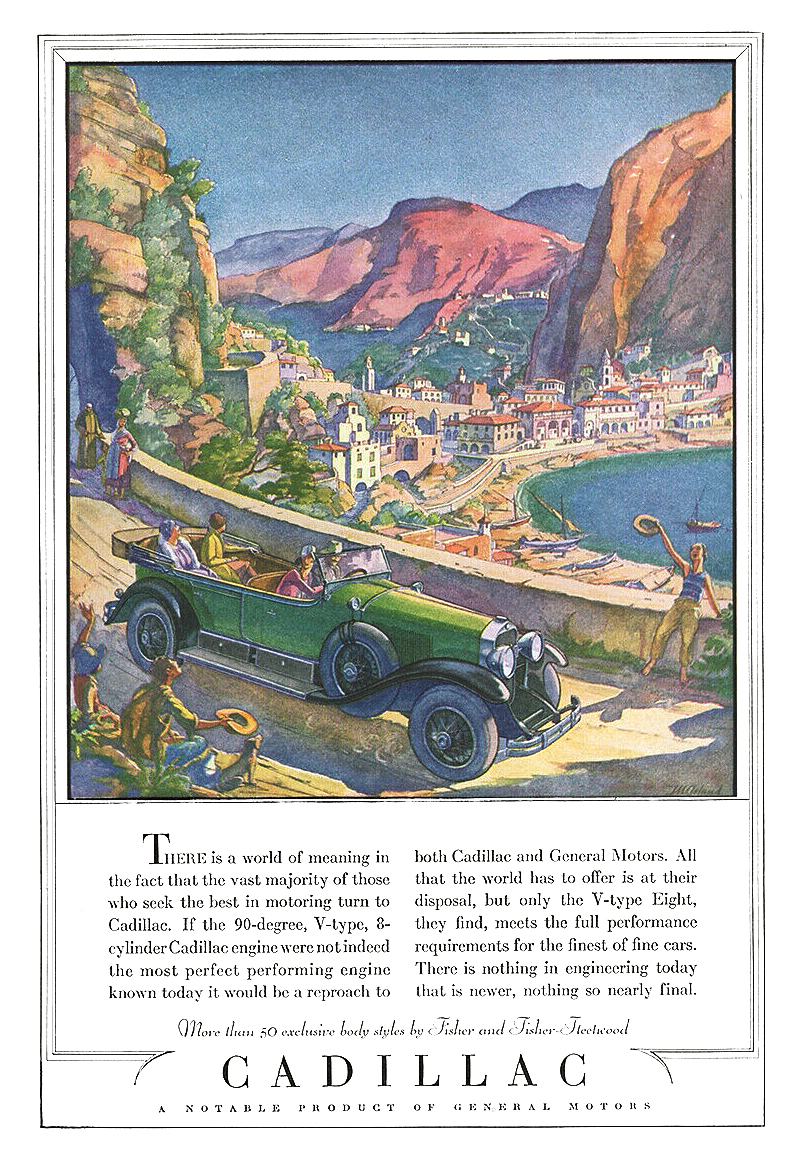 Cadillac Series 341 Touring Car for Seven Passengers Ad (June, 1928): Illustrated by Thomas M. Cleland