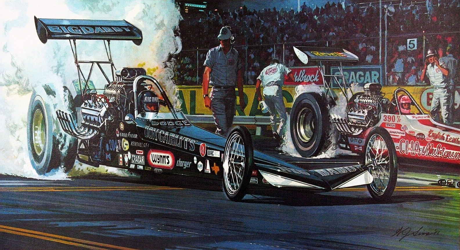 1975 NHRA Nationals — Dragster showdown between Don Garlits and Shirley Muldowney: Illustrated by William J. Sims