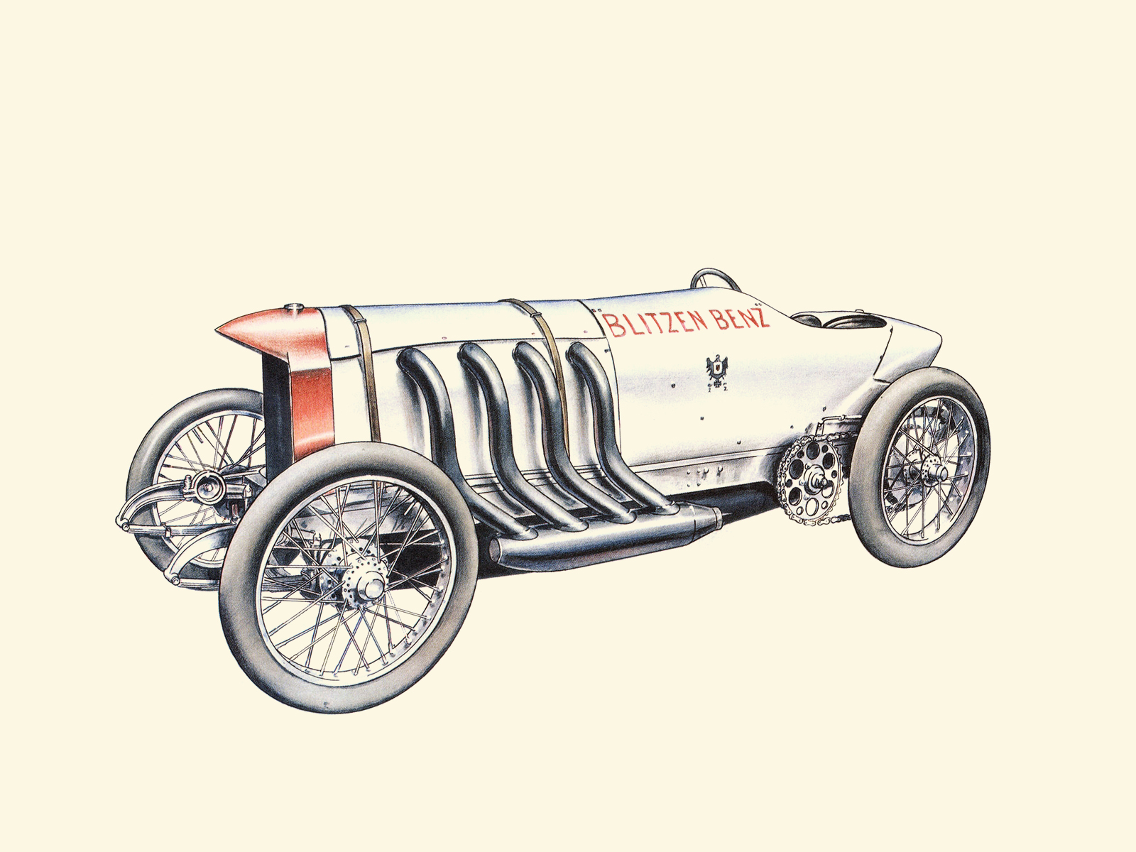 1910 Blitzen Benz (Barney Oldfield 131.72 mph): Illustrated by Piet Olyslager