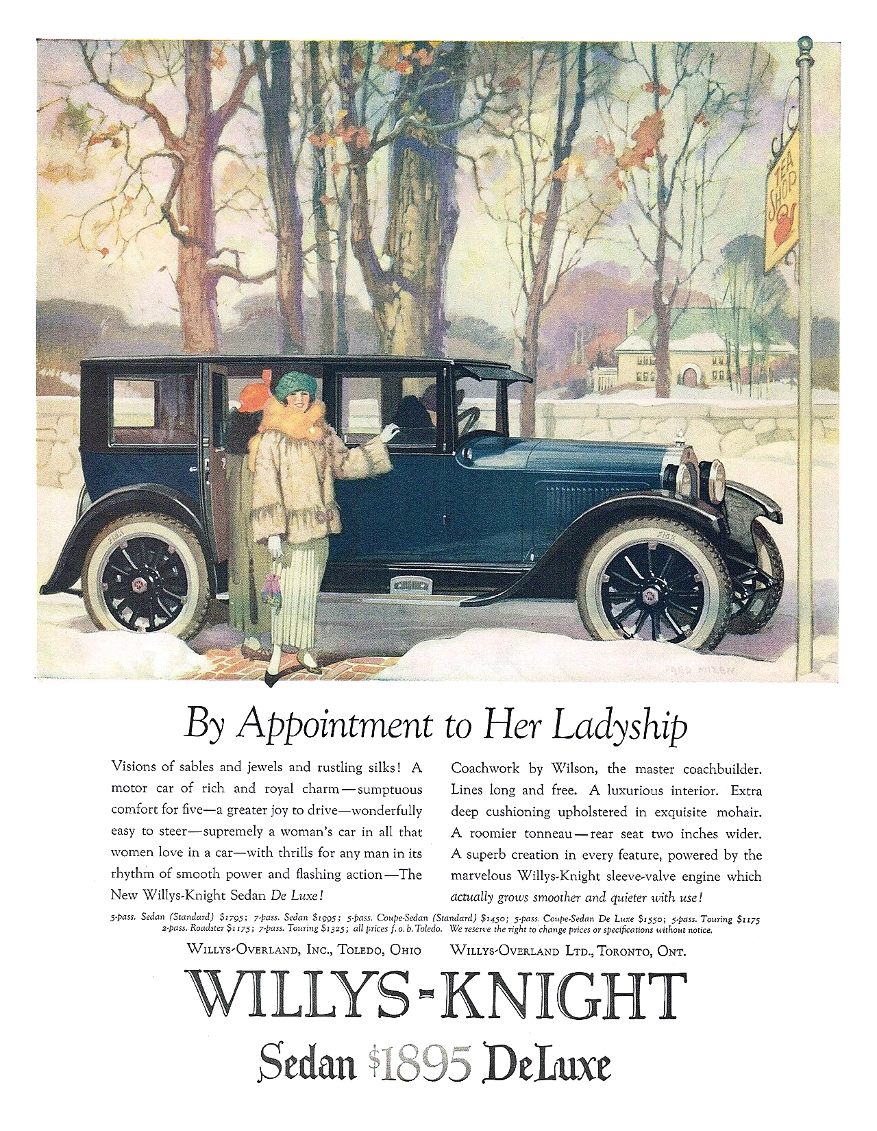 Willys-Knight Sedan DeLuxe Ad (January, 1924) – By Appointment to Her Ladyship – Illustrated by Frederic Mizen
