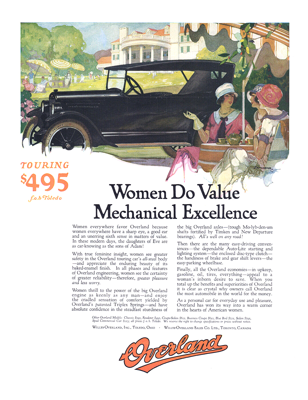 Overland Touring Ad (August, 1924) – Women Do Value Mechanical Excellence – Illustrated by Warren Baumgartner