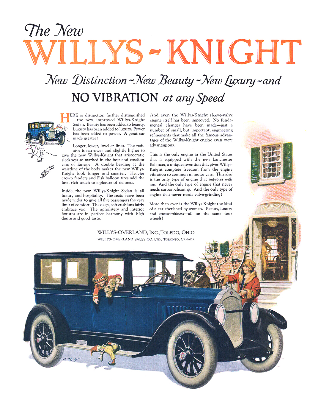 The New Willys-Knight Ad (February, 1925) – New Distinction - New Beauty - New Luxury - and NO VIBRATION at any Speed – Illustrated by Norman Price