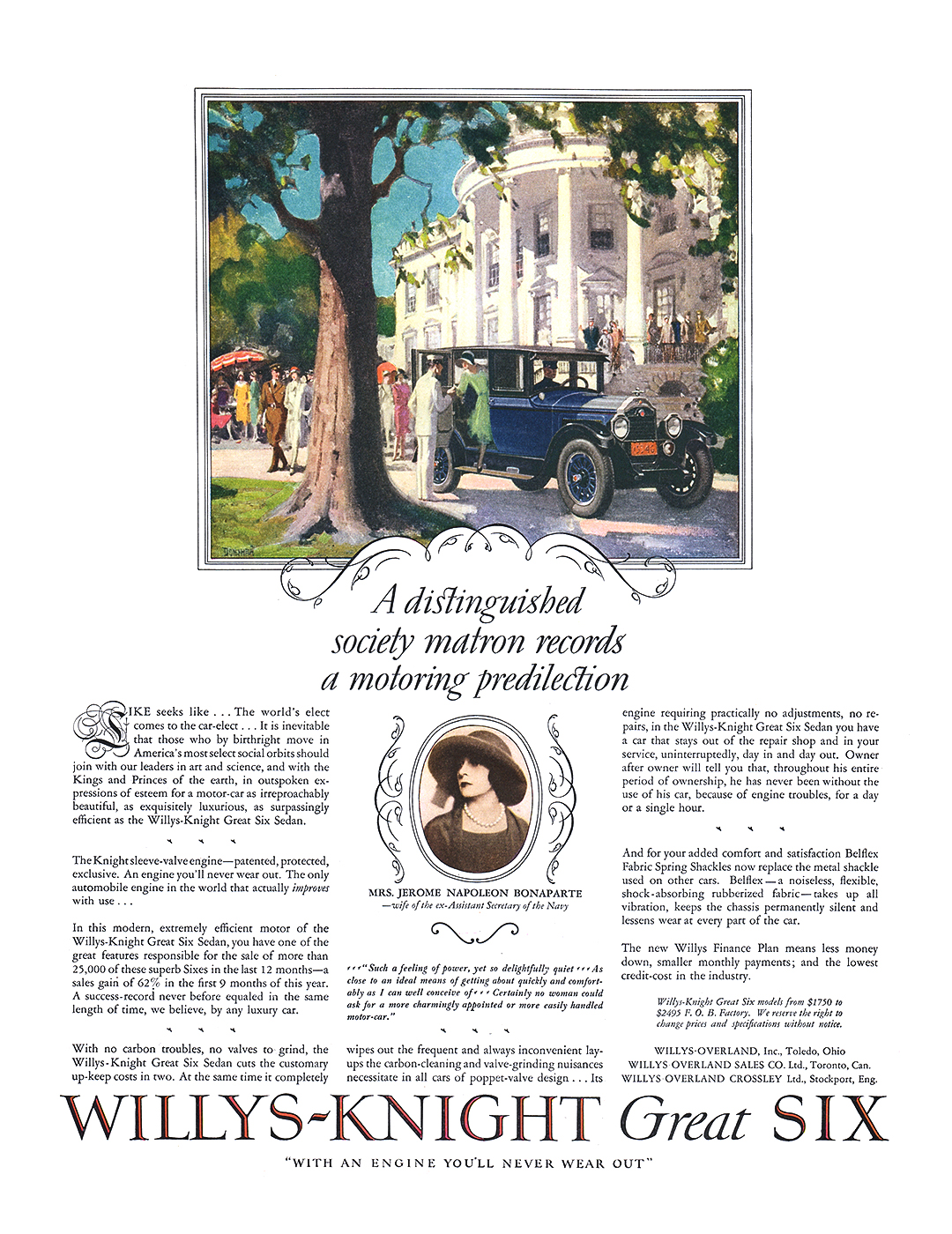 Willys-Knight Great Six Sedan Ad (November, 1926) – A distinguished society matron records a motoring predilection