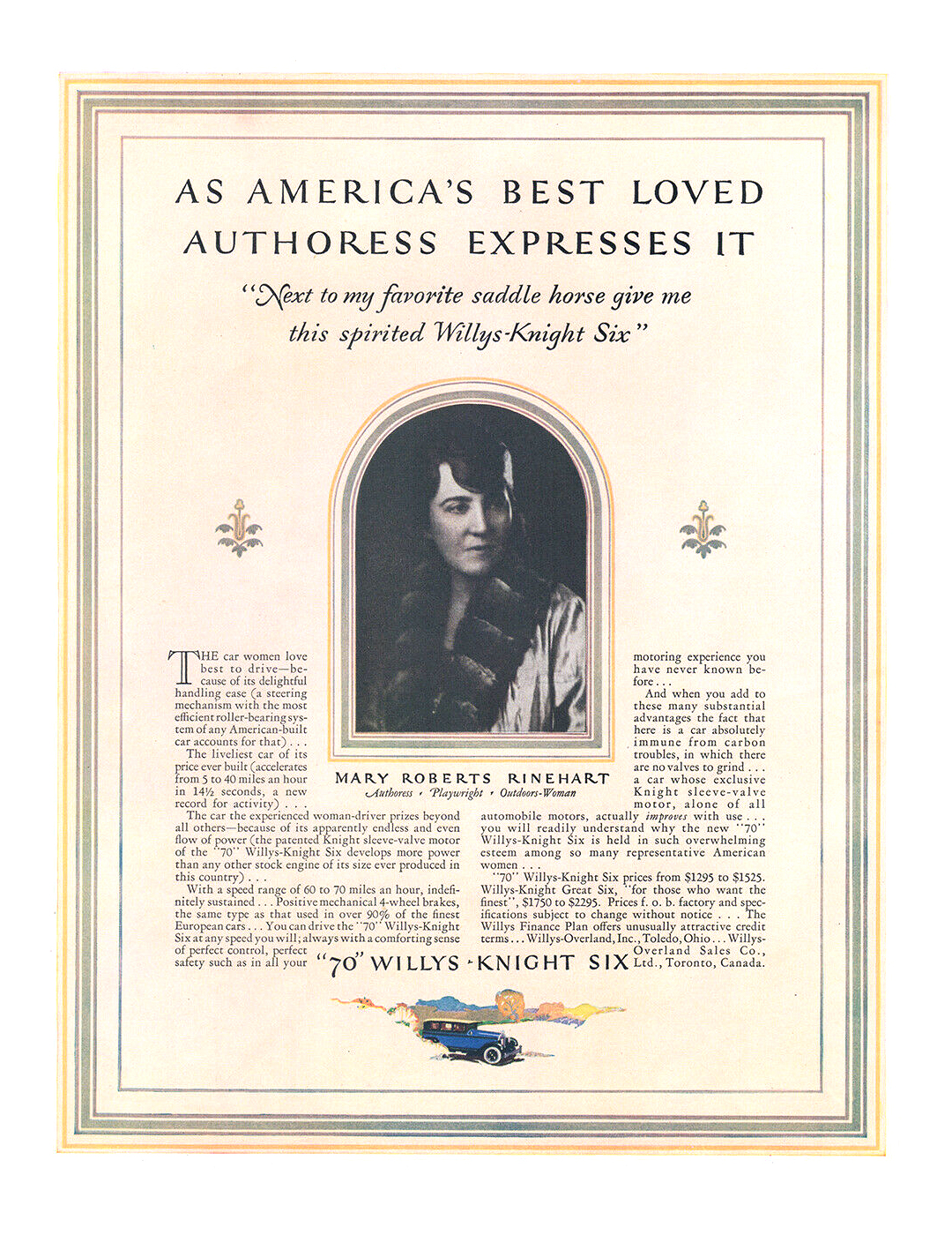 "70" Willys-Knight Six Ad (February, 1927) – As America's Best Loved Authoress Expresses It  – "Next to my favorite saddle horse give me this spirited Willys-Knight Six"