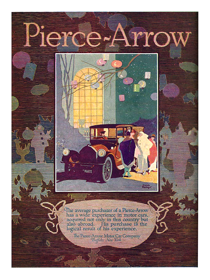 Pierce-Arrow Ad (February, 1916) – The average purchaser of a Pierce-Arrow has a wide experience in motor cars, acquired not only in this country but also abroad. His purchase is the logical result of his experience. – Illustrated by Myron Perley