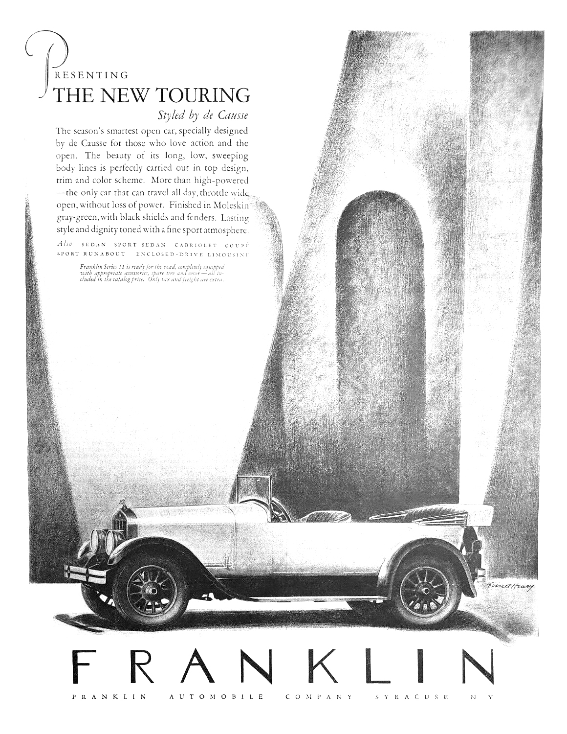 Franklin Ad (April, 1925): The New Touring Styled by de Causse – Illustrated by Everett Henry
