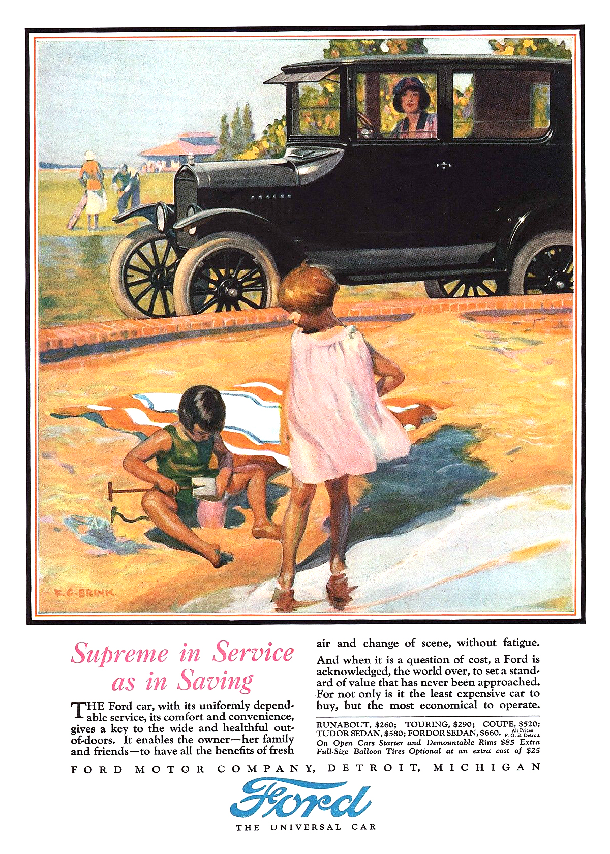 Ford Model T Ad (July, 1925) – Supreme in Service as in Saving – Illustrated by Floyd C. Brink