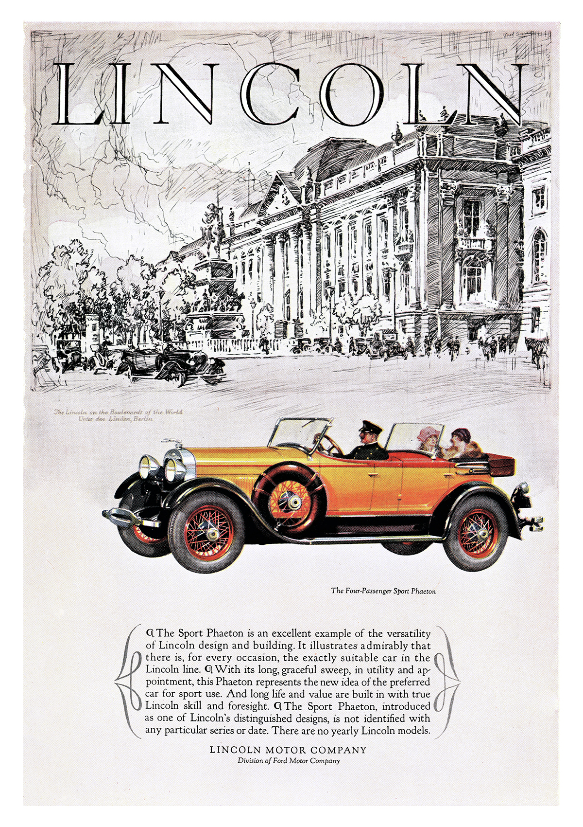 Lincoln Four-Passenger Sport Phaeton Ad (June, 1927) – Unter den Linden, Berlin