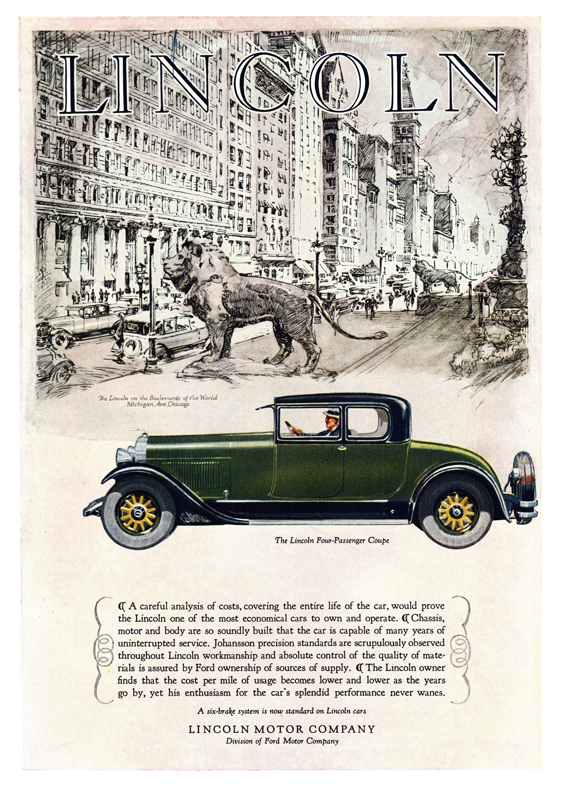 Lincoln Four-Passenger Coupe Ad (May, 1927) – Michigan Avenue, Chicago