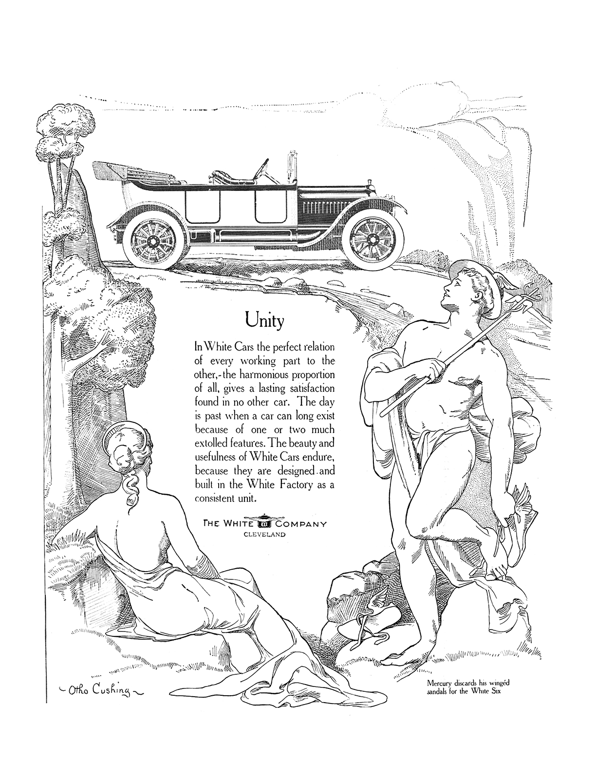 White Six Touring Car Ad (May–July, 1914) – Unity – Illustrated by Otho Cushing