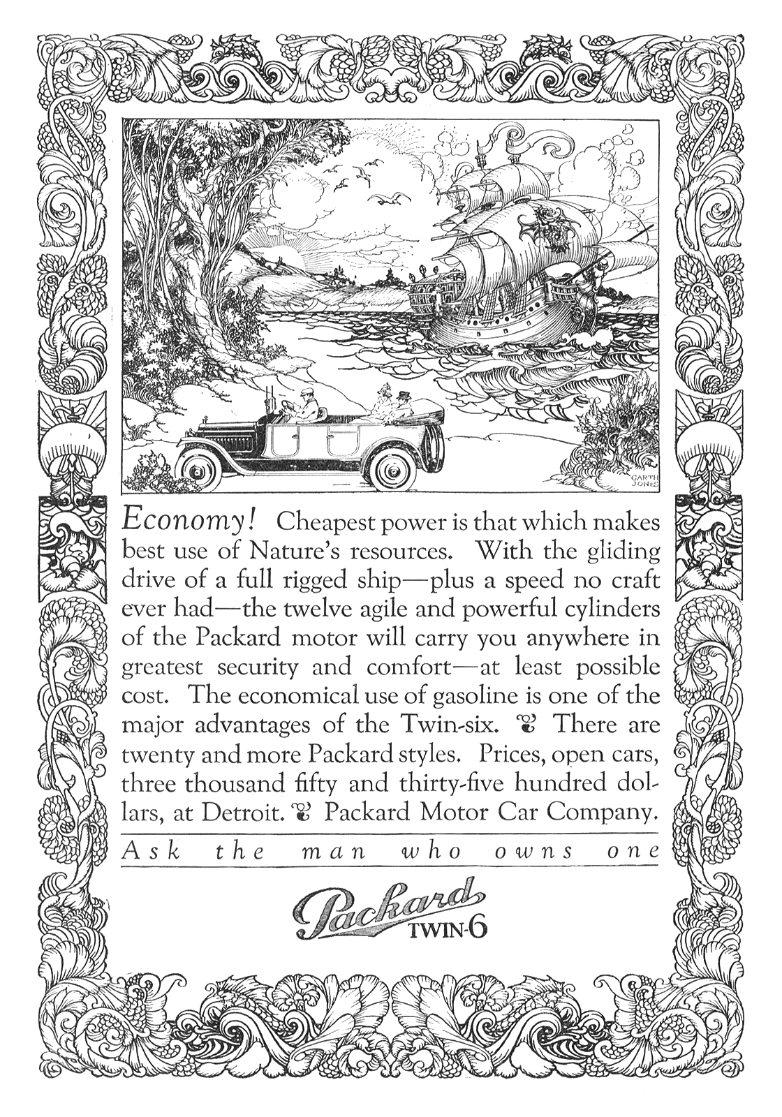 Packard Twin-6 Ad (April, 1917) – Economy! – Illustrated by Alfred Garth Jones