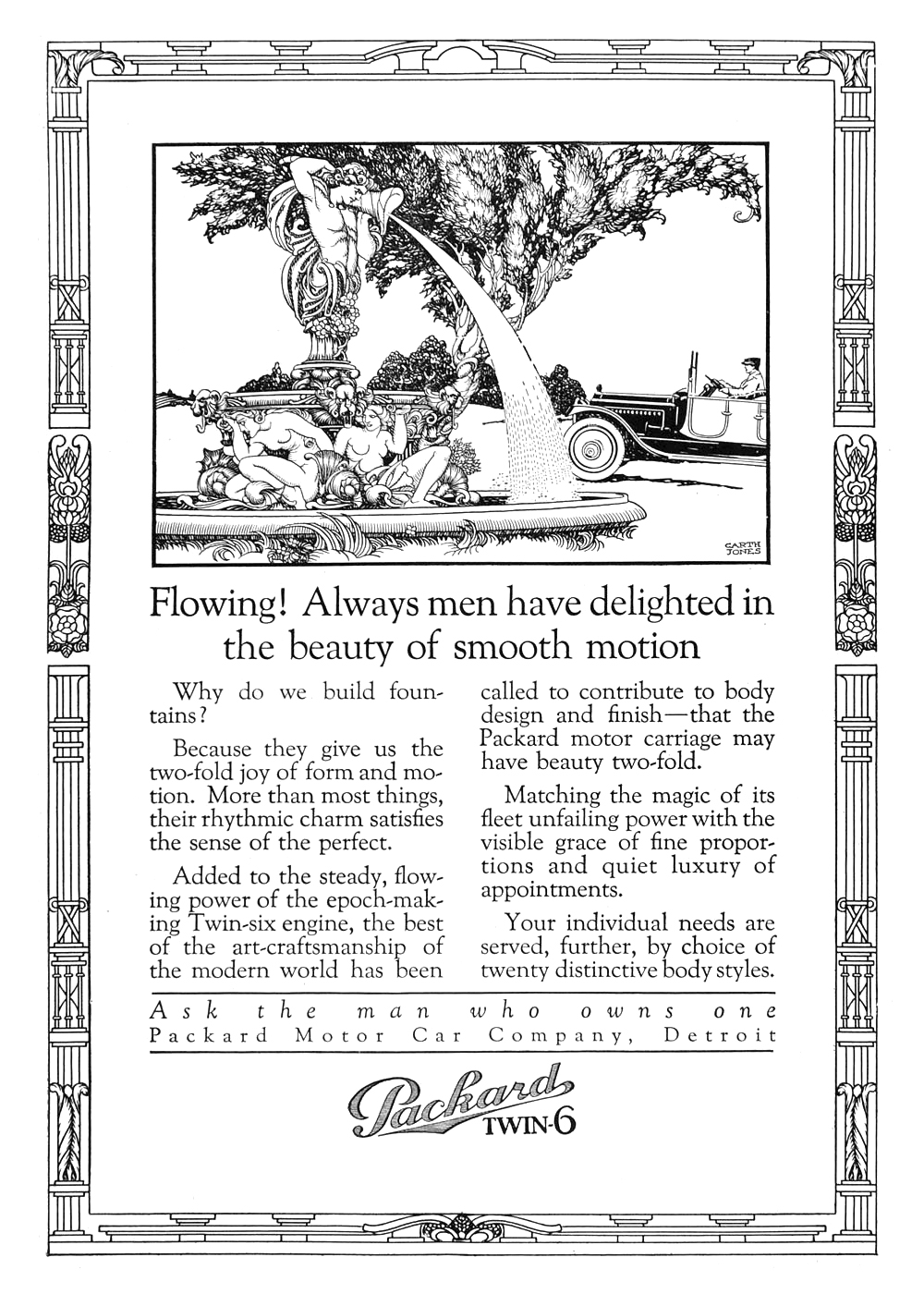 Packard Twin-6 Ad (May, 1917) – Flowing! – Illustrated by Alfred Garth Jones