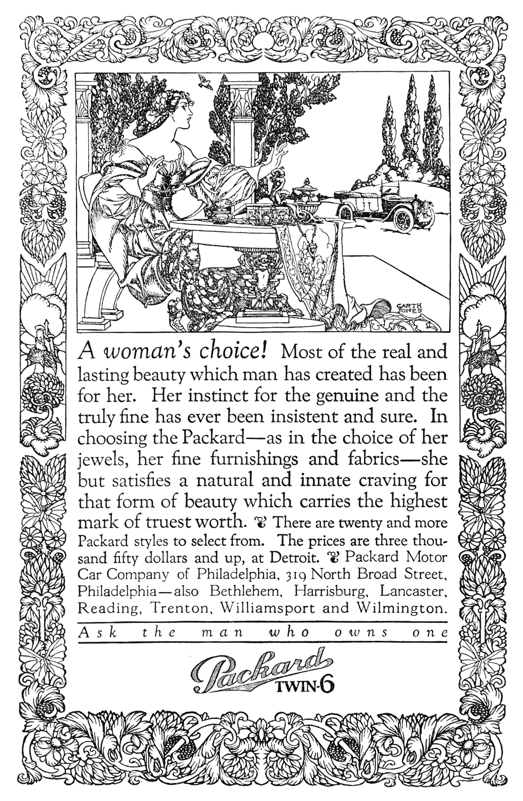 Packard Twin-6 Ad (July, 1917) – A woman's choice! – Illustrated by Alfred Garth Jones