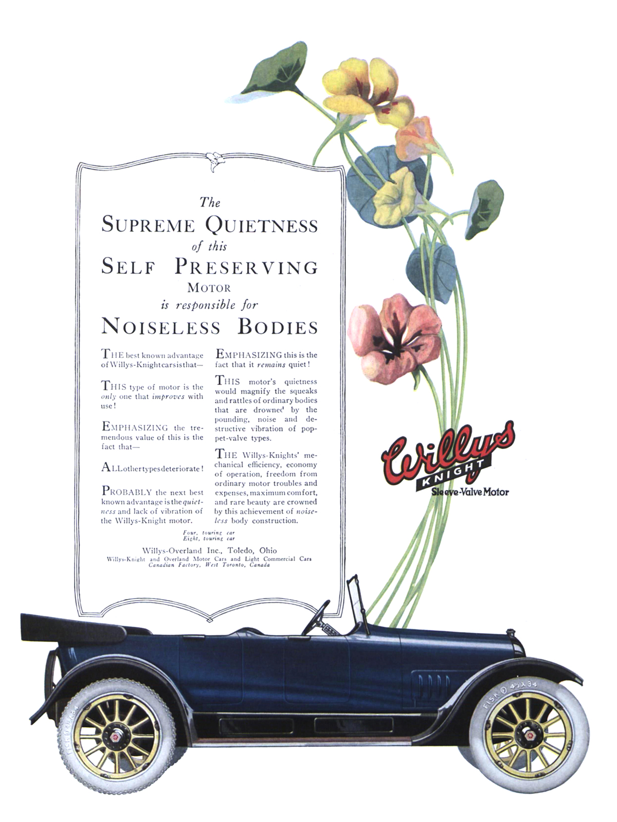 Willys-Knight Touring Car Ad (August, 1918) – The Supreme Quietness of this Self Preserving Motor is responsible for Noiseless Bodies