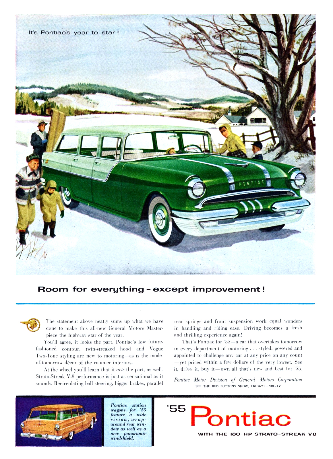 Pontiac Chieftain 870 4-Door Station Wagon Ad (December, 1954) – Room for everything – except improvement!