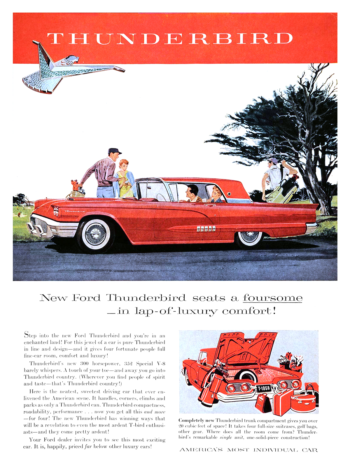 Ford Thunderbird Ad (March–April, 1958) – New Ford Thunderbird seats a foursome in lap-of-luxury comfort!