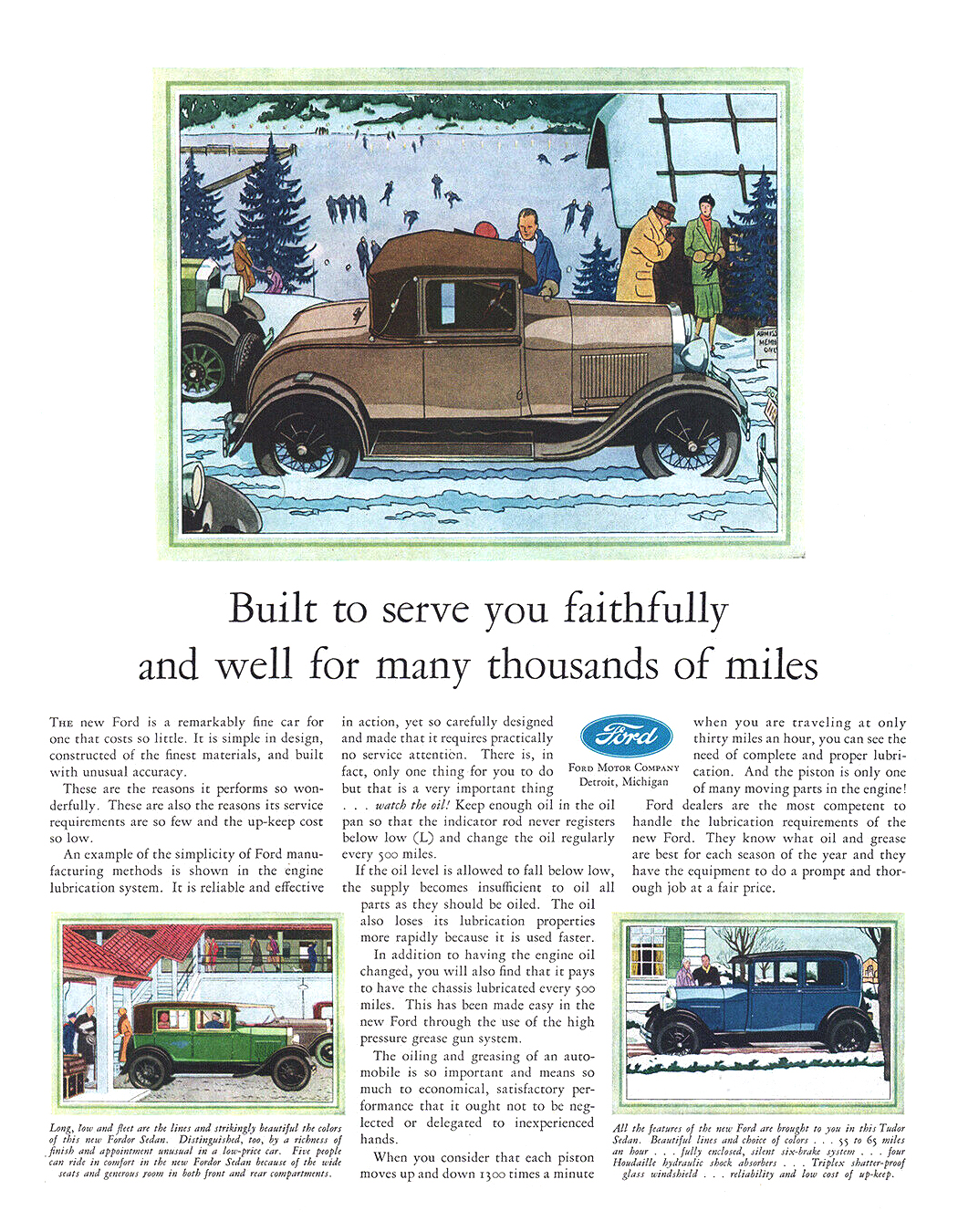 Ford Model A Sport Coupe, Fordor Sedan and Tudor Sedan Ad (February, 1929) – Built to serve you faithfully and well for many thousands of miles